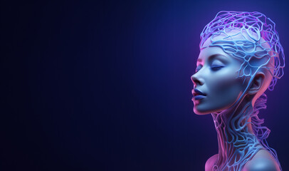 woman's face adorned with a virtual brain, in the style of realistic figurative, light violet and blue, human anatomy, luminous 3d objects