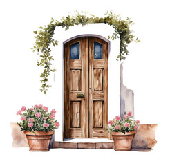 Watercolor vintage doors. Generative AI, png image.