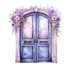 Watercolor vintage doors. Generative AI, png image.
