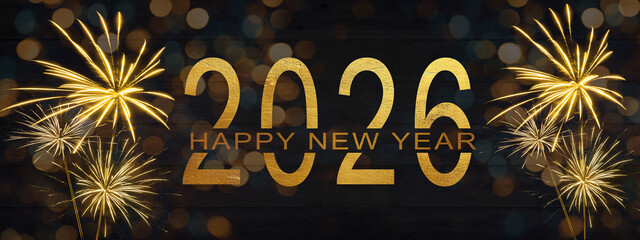 HAPPY NEW YEAR - Sylvester, New Year's Eve 2026 Party, New year, Firework celebration background banner panorama - Golden fireworks and bokeh lights on dark rustic wooden wall texture in the night.