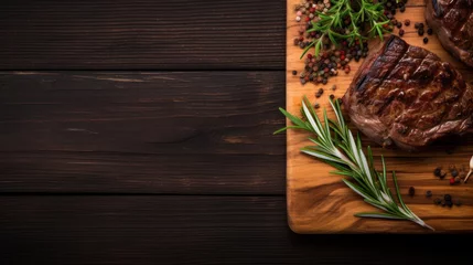  Food - Beef dinner - Delicious grilled stake served on a wooden table, fireplace on background. Big steak meat dish on a main course plate © PaulShlykov