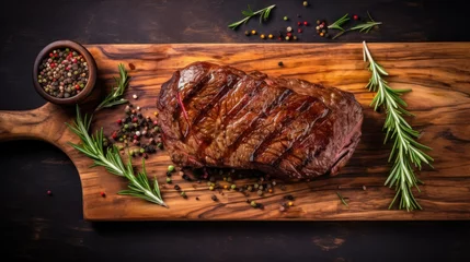 Tuinposter Food - Beef dinner - Delicious grilled stake served on a wooden table, fireplace on background. Big steak meat dish on a main course plate © PaulShlykov