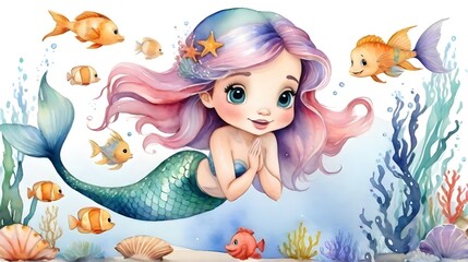 The cute little mermaid interacts with marine life cartoon characters. Watercolor. White background. Generative AI - obrazy, fototapety, plakaty