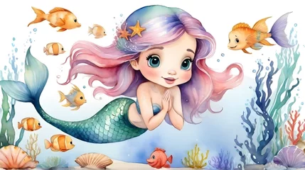 Foto op Plexiglas The cute little mermaid interacts with marine life cartoon characters. Watercolor. White background. Generative AI © Carlos
