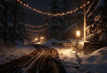 a scene showing christmas lights and a snowy road - obrazy, fototapety, plakaty