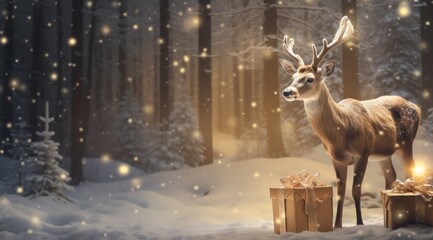 a deer is in the snow looking at the gifts