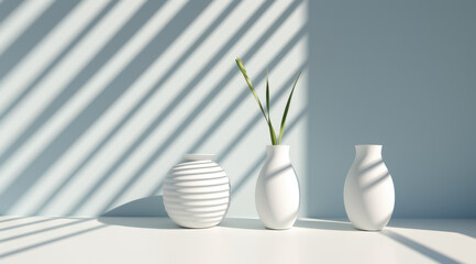 Fototapeta na wymiar White table illuminated by sunlight with leaf shadows, white podium table with vase and leaf plants for products design and text background.