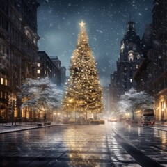 Fototapeta premium christmas tree in the middle of a snowy city