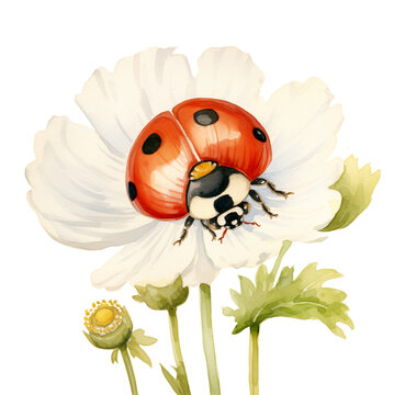 Watercolor ladybug on a flower. Generative AI, png image.