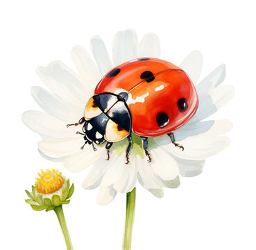 Watercolor ladybug on a flower. Generative AI, png image.