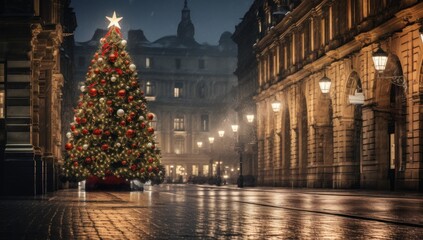 an image of a christmas tree in a street schlieren - obrazy, fototapety, plakaty