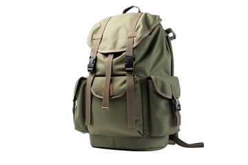 Naklejka premium A tourist khaki backpack isolated on a transparent background.
