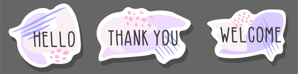 Set of flat icon template with text Hello, Thank you, Welcome in purple and dark gray with shapes, lines and dots for web, posters, stickers