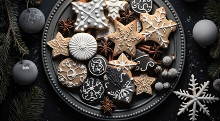 Fototapeta na wymiar a plate full of christmas cookies covered in sugar and sugarpaste