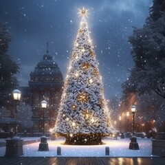 Naklejka premium a large christmas tree is in the city centre on a beautiful snowy evening