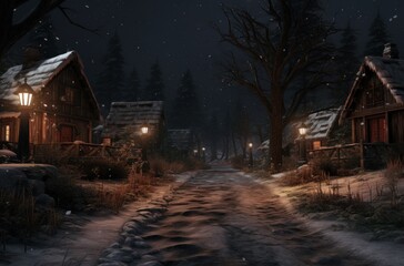 a dark forest scene at night in winter