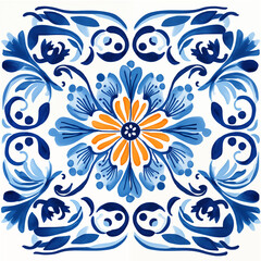 Fototapeta na wymiar Watercolor navy blue floral tile ornament background