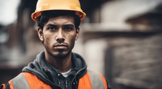 portrait of a construction worker, hard worker at work, portrait of a man with helmet, hard worker