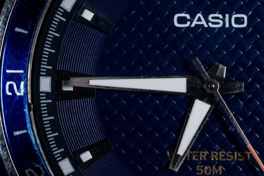 CASIO watch closeup. Blue dial of a CASIO wristwatch