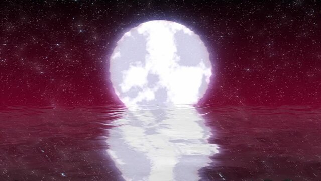 Abstract white-red moon above the water and horizon on the background of reflections