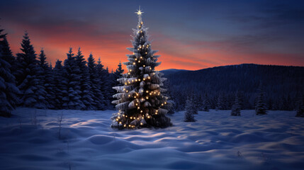 A majestic illuminated Christmas tree stands in a snowy meadow, surrounded by a dense pine forest under a starry night sky.