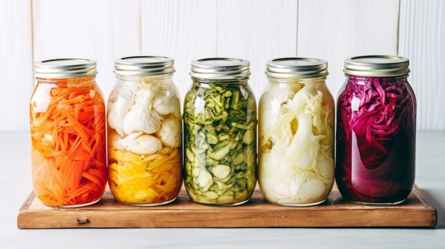 Bright fermented vegetables are stored in glass jars