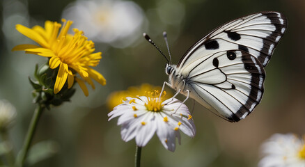 A beautiful white butterfly with black and yellow spots sitting on a flower in a defocused background - AI Generative