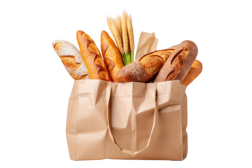 Paper bag full of healthy food isolated on transparent background.