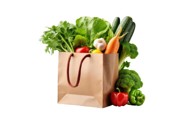 Paper bag full of healthy food isolated on transparent background. - obrazy, fototapety, plakaty