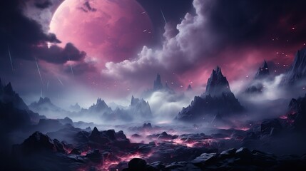 Surreal extraterrestrial scenery with large pink moon and meteor shower over rocky terrain
