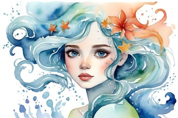 Mermaid girl. Watercolor. White background. Generative AI