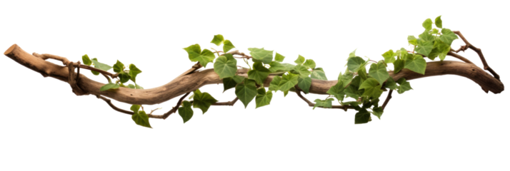 Twisted branch with ivy growing isolated on a transparent background.