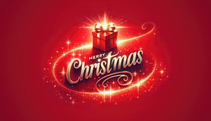 Gift box with a golden ribbon and a Merry Christmas message on a red background.