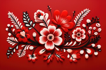 Red hungarian folk embroidery design - obrazy, fototapety, plakaty