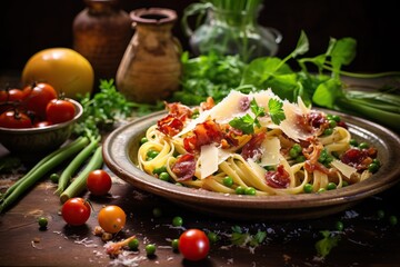 A colorful arrangement of Guanciale Carbonara featuring vibrant ingredients such as fresh peas, cherry tomatoes, and aromatic herbs, adding a burst of freshness to the dish