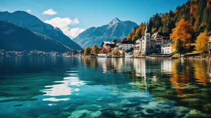 Beautiful panoramic view of Autumn Scene of Clear Lake with mountain - obrazy, fototapety, plakaty