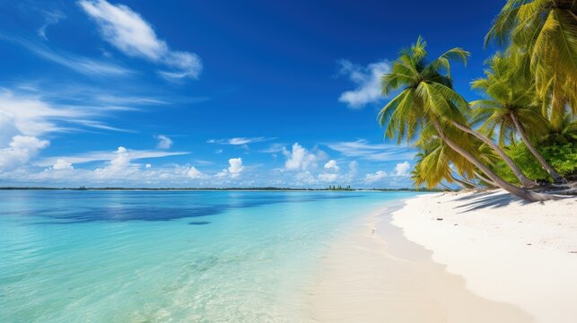 Beautiful beach with white sand with clouds and palm tree over the water on a Sunny day. Tropical landscape, wide format