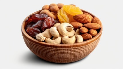 Mix nuts dry fruits in glass bowl isolated on white background