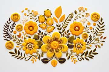 Slovak folk embroidery design in yellow - obrazy, fototapety, plakaty
