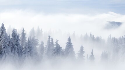 Snow-covered pines shrouded in mist against a backdrop of mountainous silhouettes
