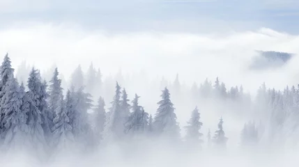 Papier Peint photo autocollant Forêt dans le brouillard Snow-covered pines shrouded in mist against a backdrop of mountainous silhouettes