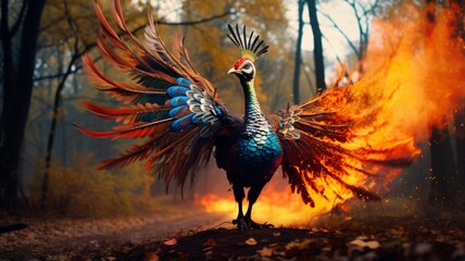 Fire pheasant is jumping in the forest with beautiful idols Ai generated Photo art
