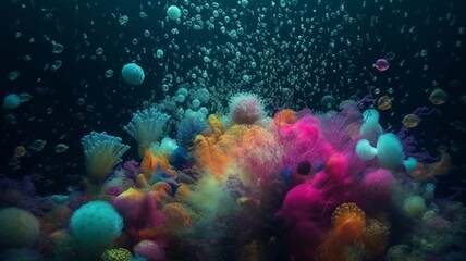Fototapeta na wymiar Fireworks underwater bubble explosion hyper-cro Ai generated art