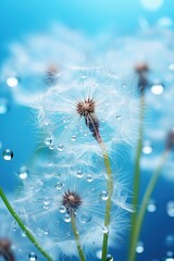 Beautiful dew drops on the dandelion plant seed blur blue background. macro photography