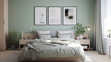 Cozy scandinavian bedroom interior in natural colors. Wooden double bed with pillows and blanket. Minimalist furniture, houseplants in pots and three posters in rectangular frame on a green wall