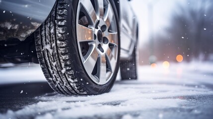 Car wheels in the snow on a winter slippery road