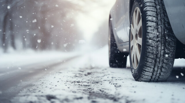 Car wheels in the snow on a winter slippery road