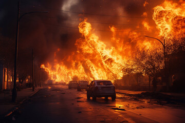 Fototapeta premium Empty street of burnt up city. Apocalyptic view of city downtown as disaster film poster concept. City destroyed by war