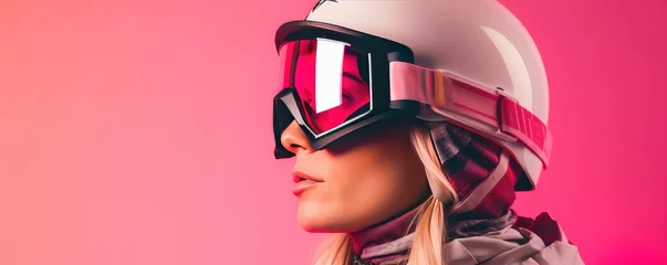 Fotobehang Young beautiful woman with helmet and ski goggles. Ski equipment. Generative AI. © Simona