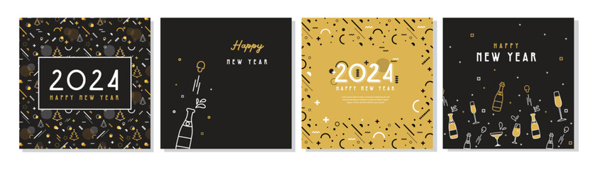 Happy New Year- 2024 . Collection of greeting background designs, New Year, social media promotional content. Vector illustration. 2024 celebration